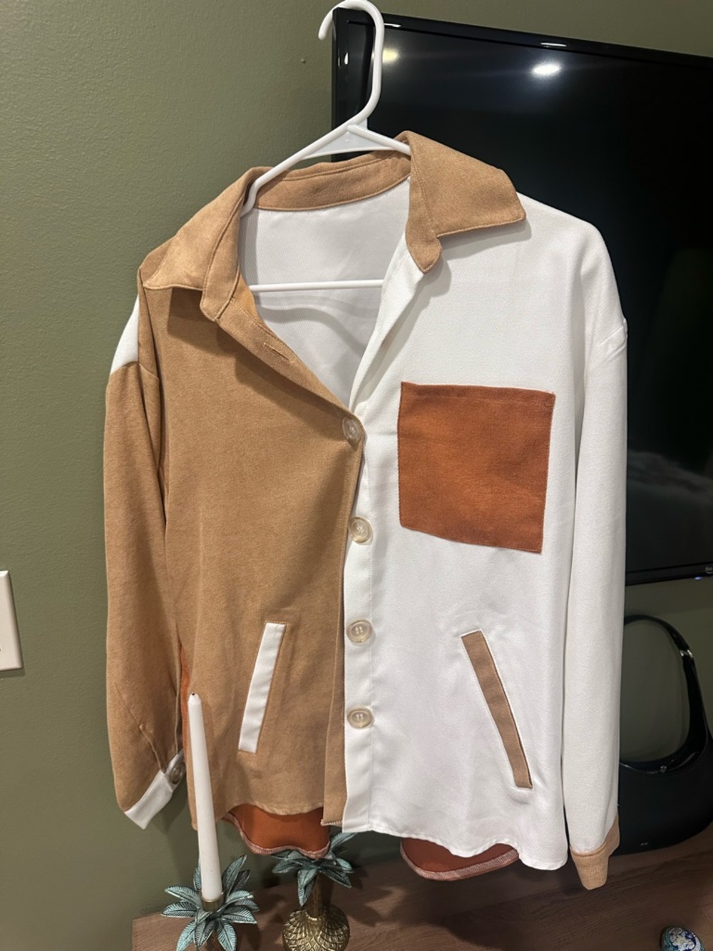 Women’s Two-Tone Tan and White Button-Up Jacket